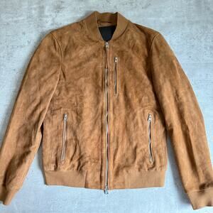 Allsaints kemble suede leather slim fit bomber jacket tan brown Mens size small
